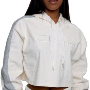 Champion Corduroy Cropped Hoodie Chalk White with Gray Stripes - Large